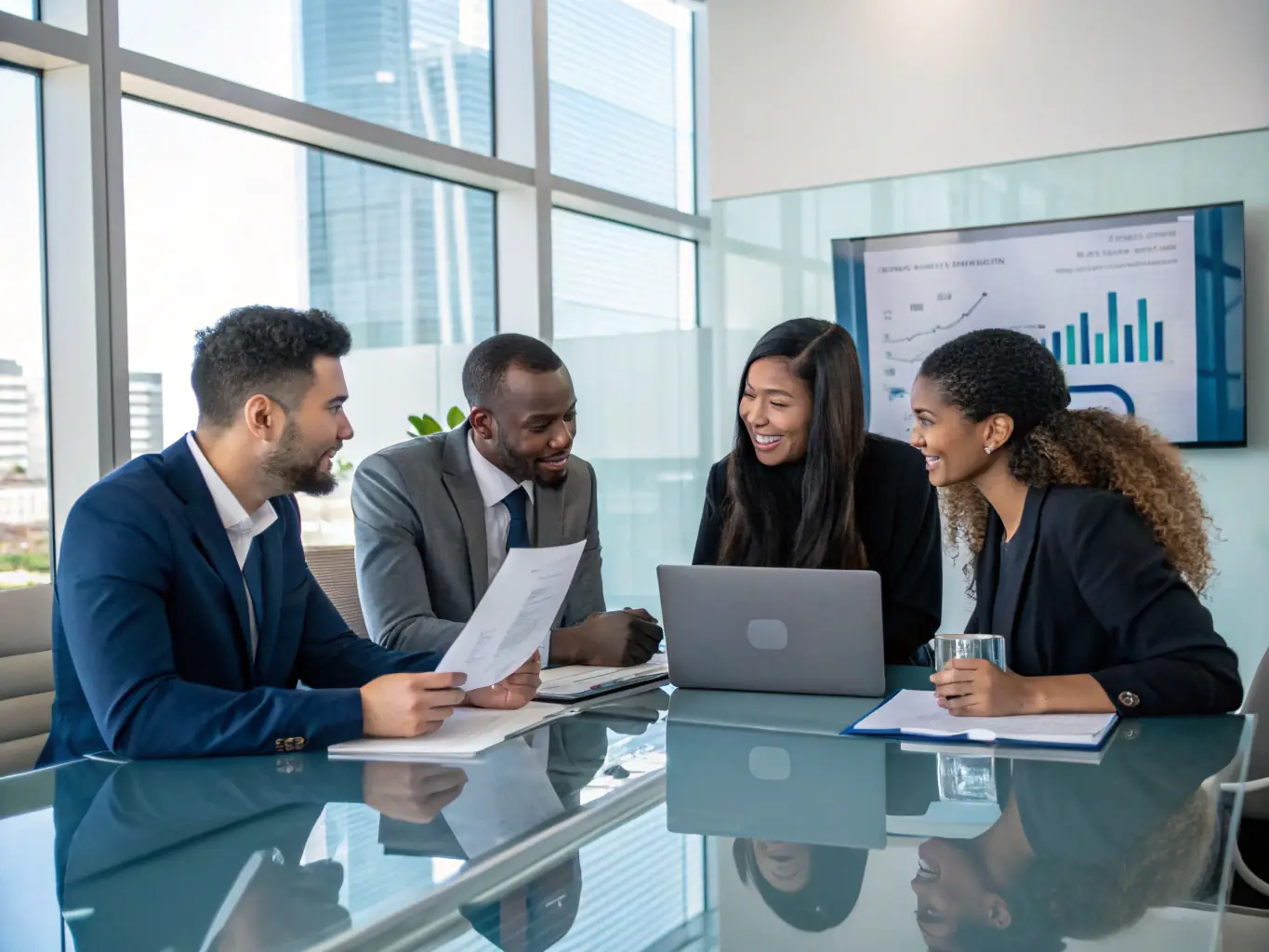 A professional setting showing a team collaborating on compliance documents, highlighting the importance of meeting standards.