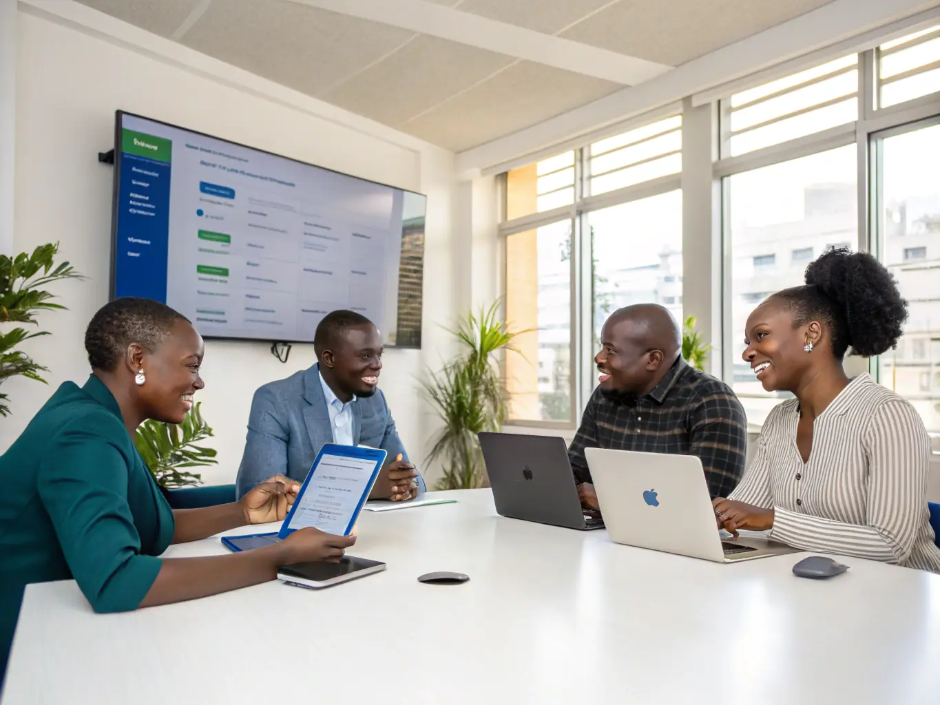 A diverse group of African business leaders are gathered around a table, reviewing documents and engaging in a discussion about accreditation standards, with the Continental Standards Commission logo prominently displayed.