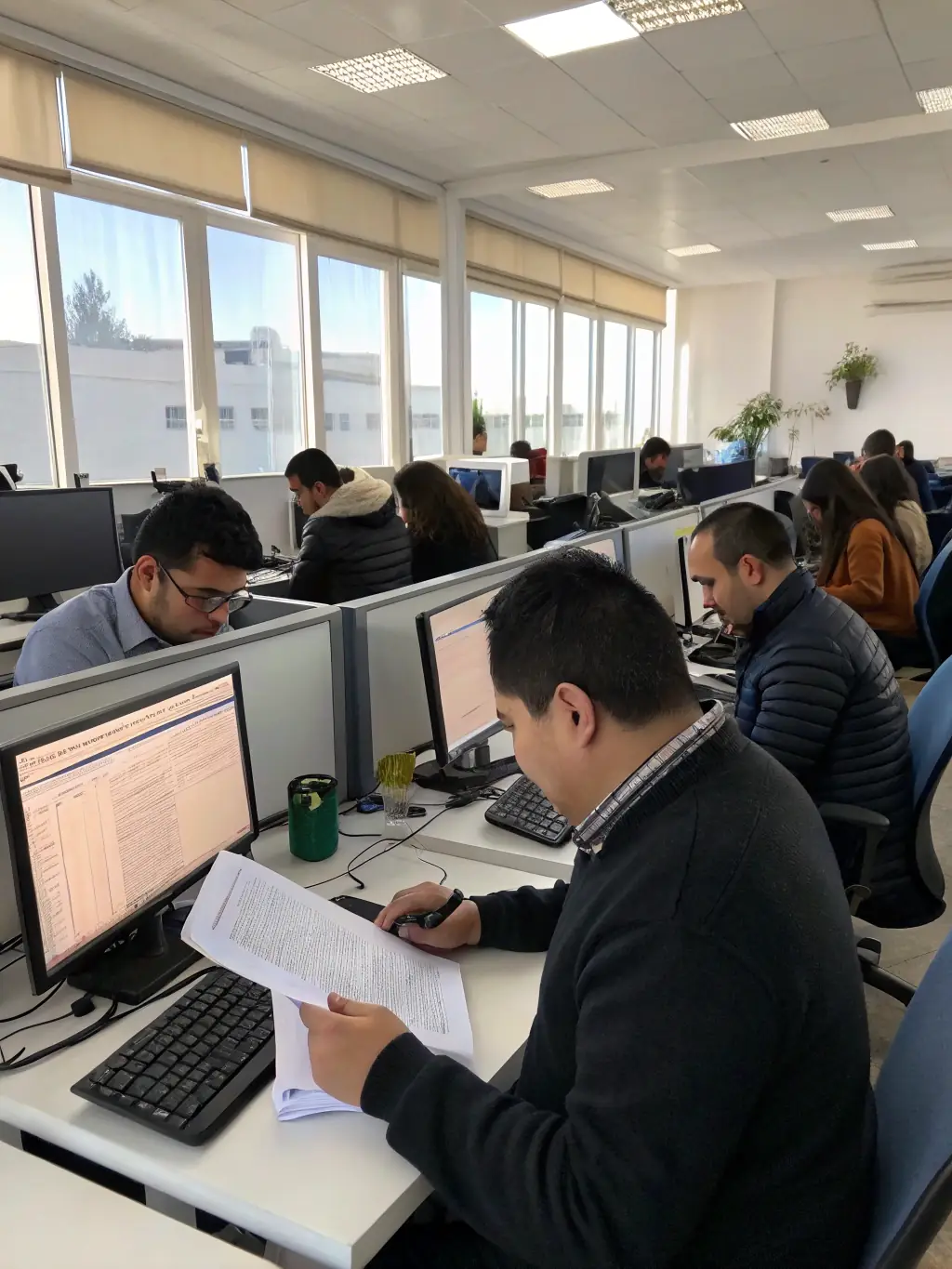 A modern office setting with employees working on computers, symbolizing a company preparing for accreditation.