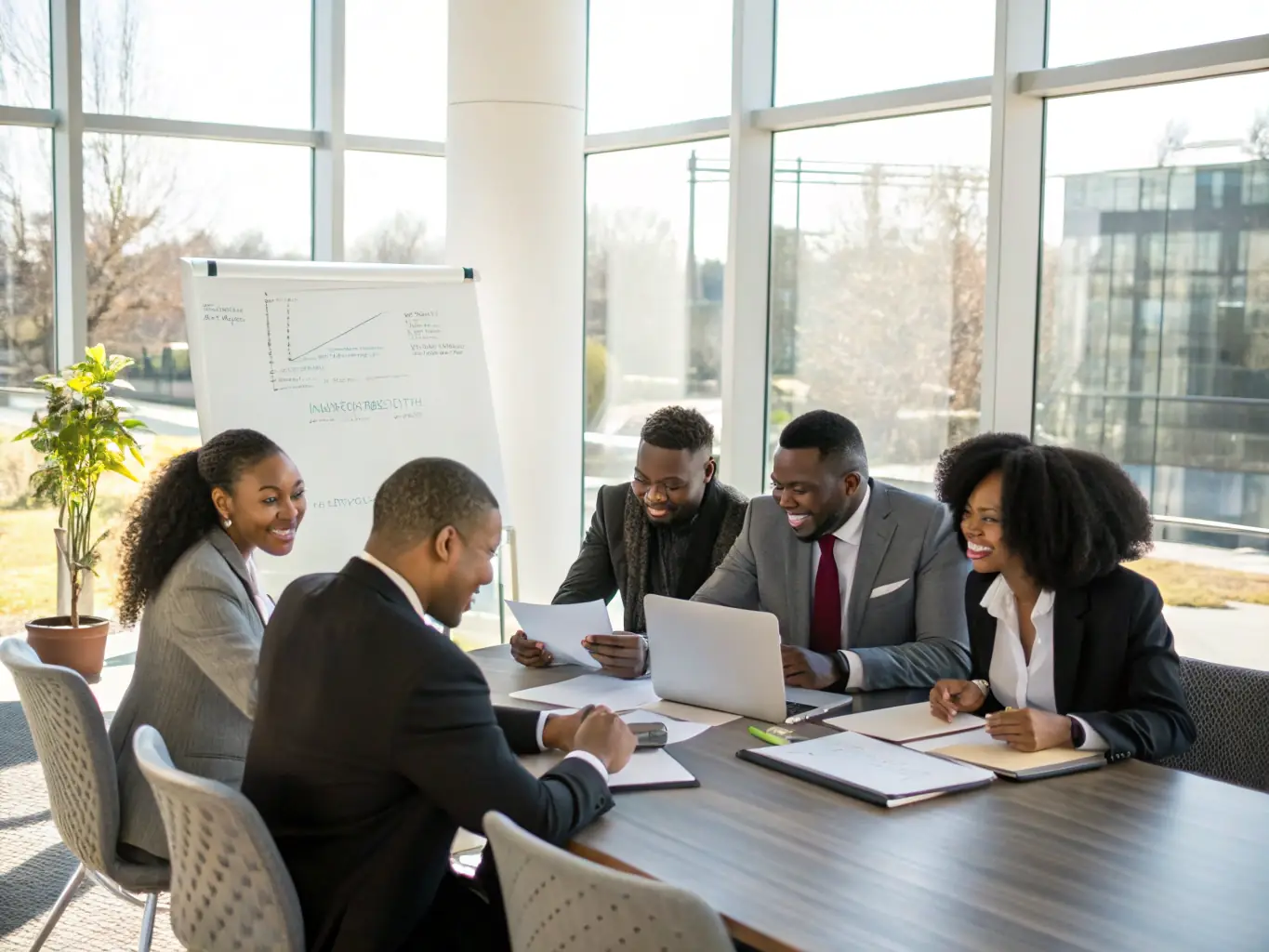 A diverse group of African business professionals collaborating around a table, reviewing documents and discussing accreditation standards, symbolizing the collaborative nature of the Continental Standards Commission's accreditation process.