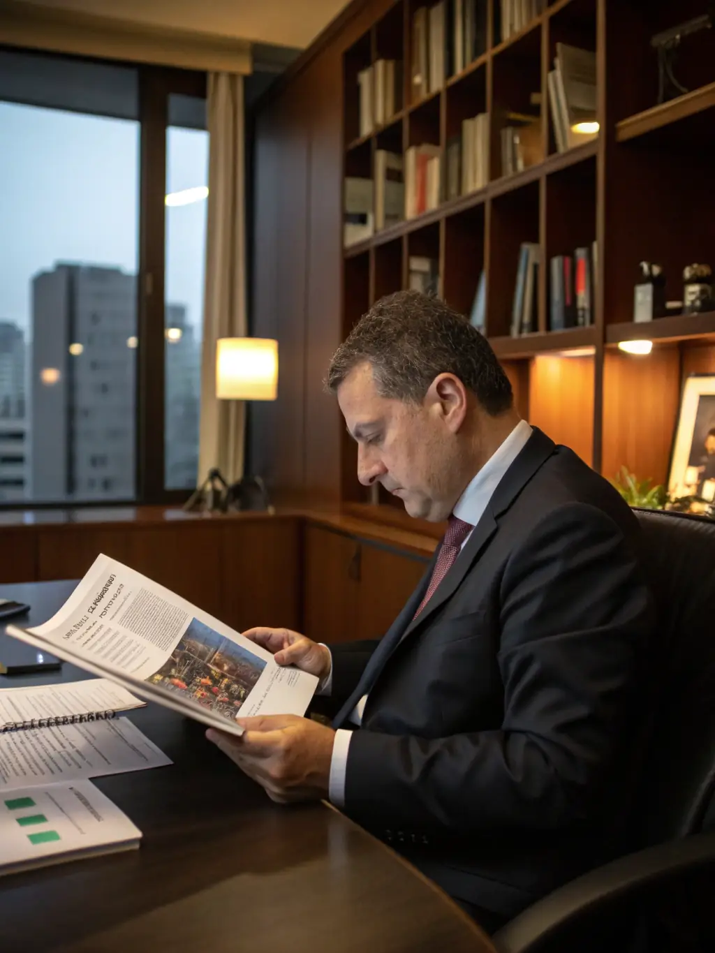 A professional individual in a business suit, reviewing documents at a modern office desk, symbolizing individual accreditation requirements.