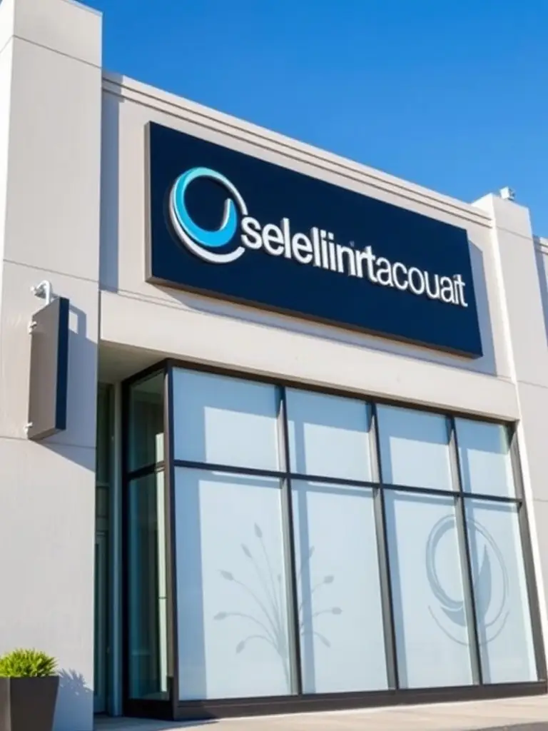A modern office building with the company logo, symbolizing the company accreditation package.