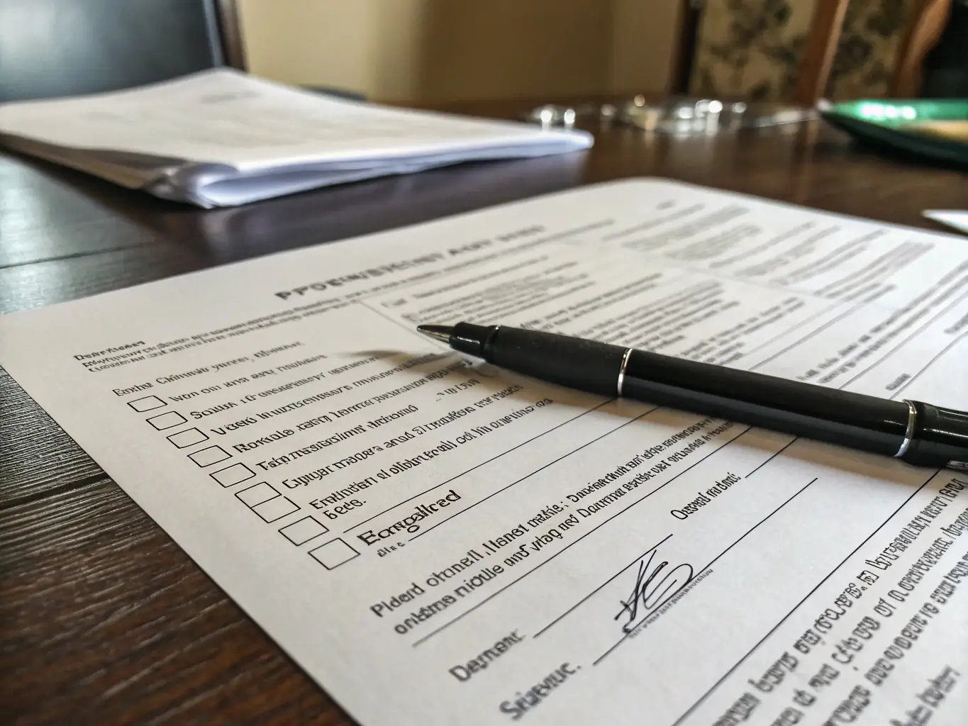 A close-up shot of an official document being reviewed, with a pen resting on top, symbolizing the initial application review process.